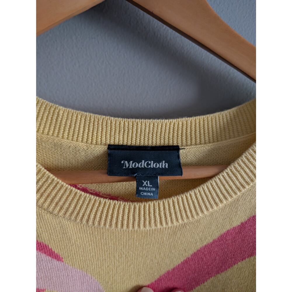 ModCloth Yellow Flamingo Knit Sweater XL Retro Whimsical Intarsia 3/4 Sleeve - Picture 9 of 15